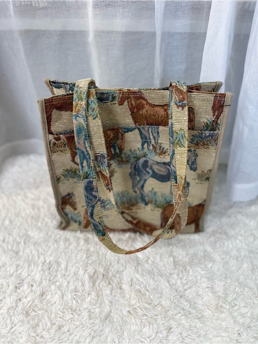 Express Tapestry Horse Tote in Beige, Brown and Blue